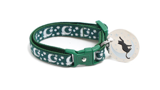 Silver Moons and Stars on Dark Green Cat Collar
