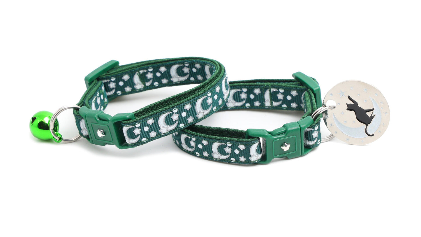 Silver Moons and Stars on Dark Green Cat Collar