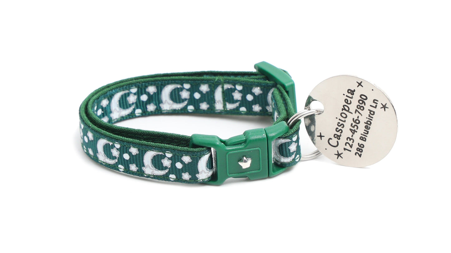 Silver Moons and Stars on Dark Green Cat Collar