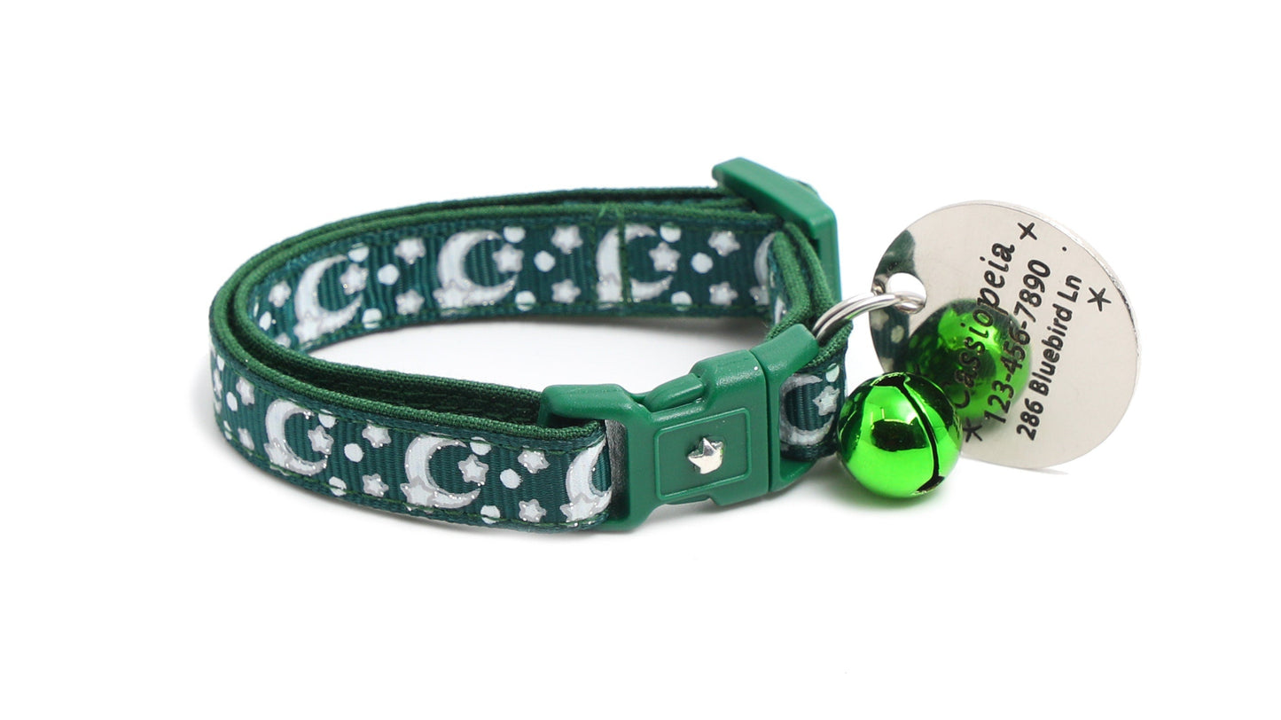 Silver Moons and Stars on Dark Green Cat Collar