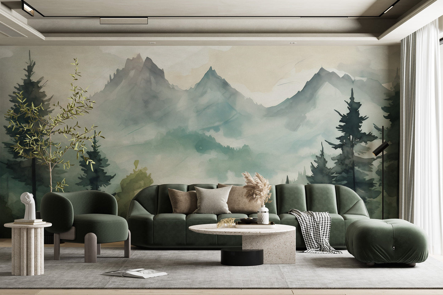Misty Forest & Mountain Mural