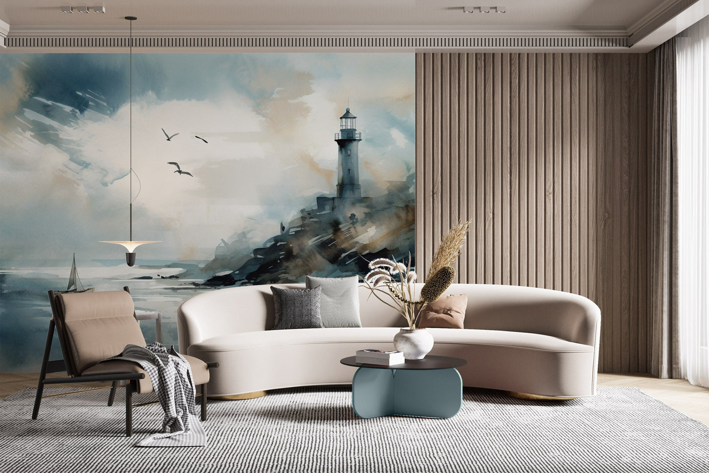 Watercolor Nautical Lighthouse Mural