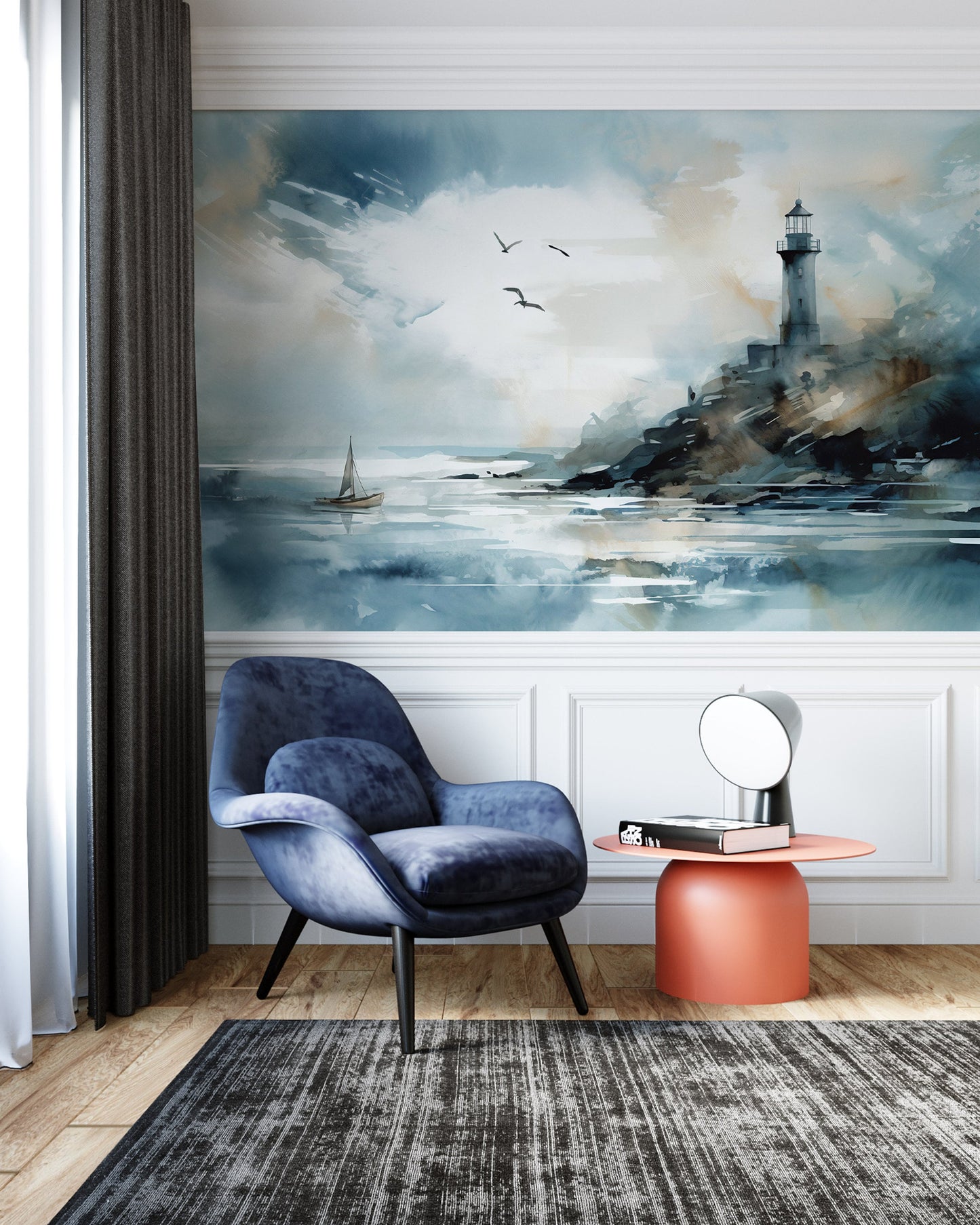 Watercolor Nautical Lighthouse Mural