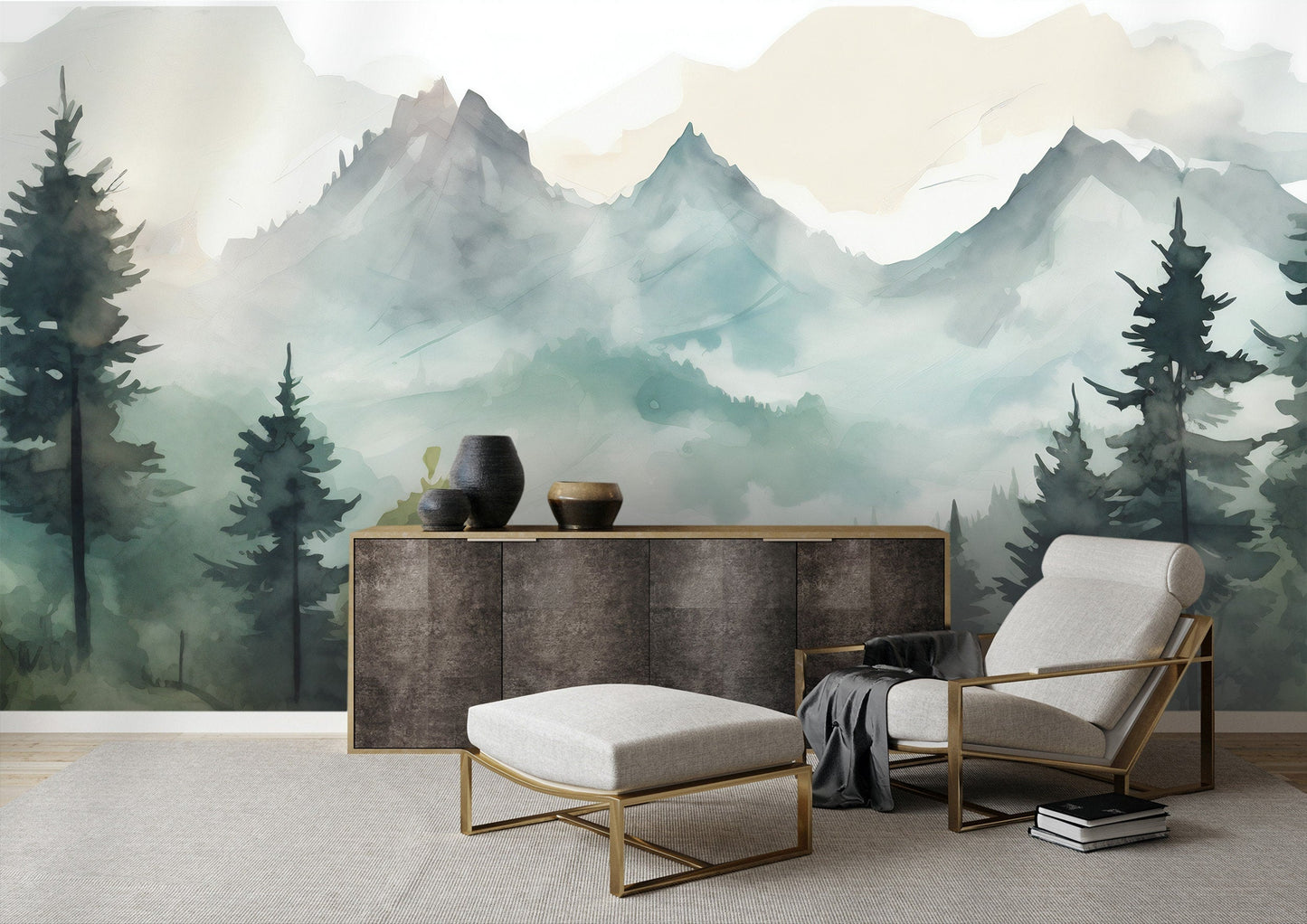 Misty Forest & Mountain Mural