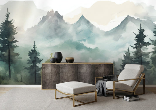 Misty Forest & Mountain Mural
