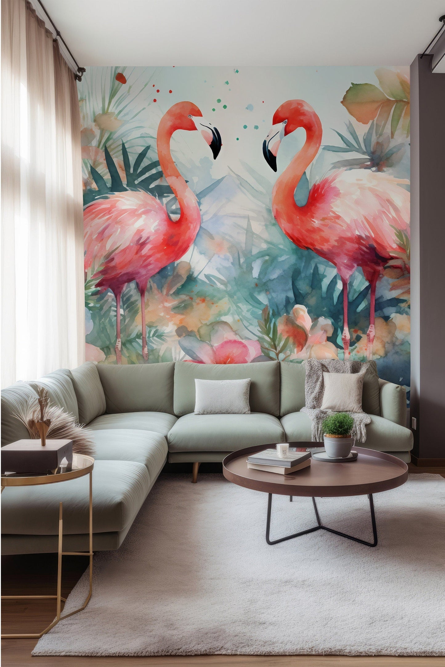 Watercolor Tropical Flamingo Mural