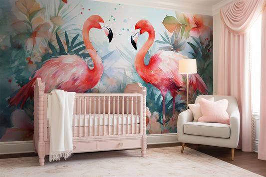Watercolor Tropical Flamingo Mural