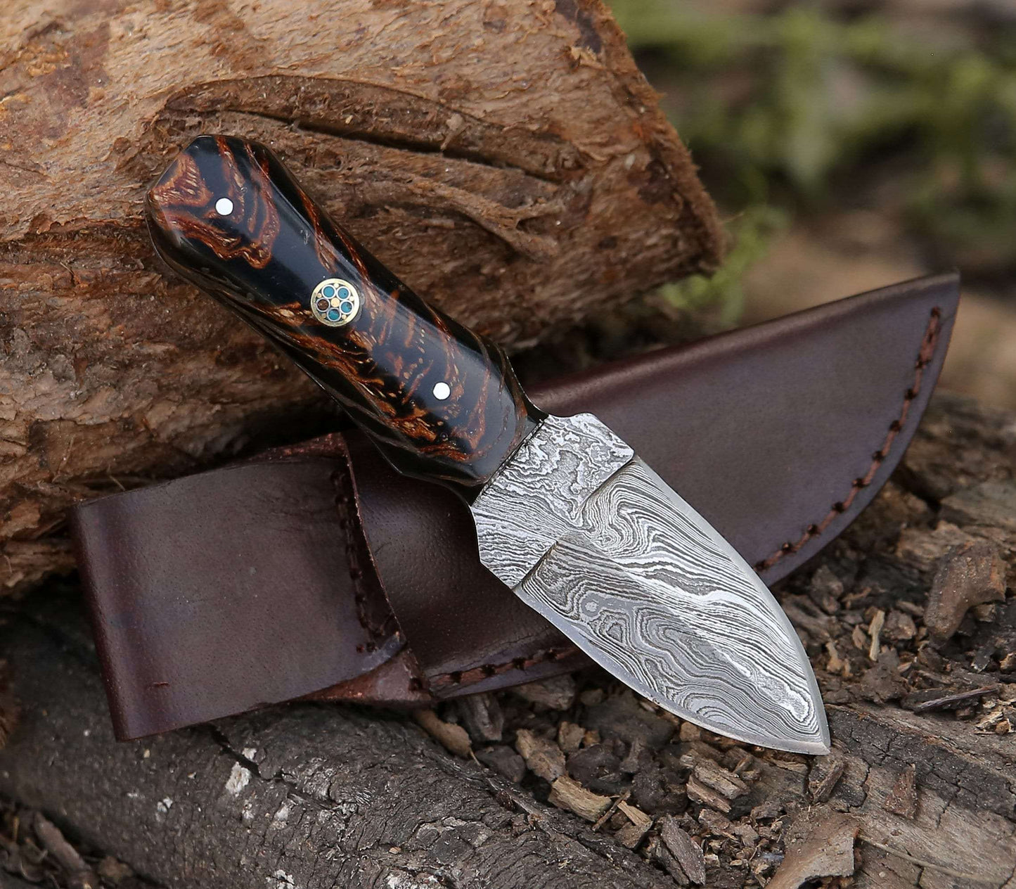 Ambush Damascus Fixed Blade Pocket Knife 6" with Pine Cone Handle & Leather Sheath