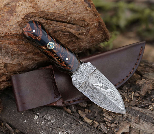 Ambush Damascus Fixed Blade Pocket Knife 6" with Pine Cone Handle & Leather Sheath