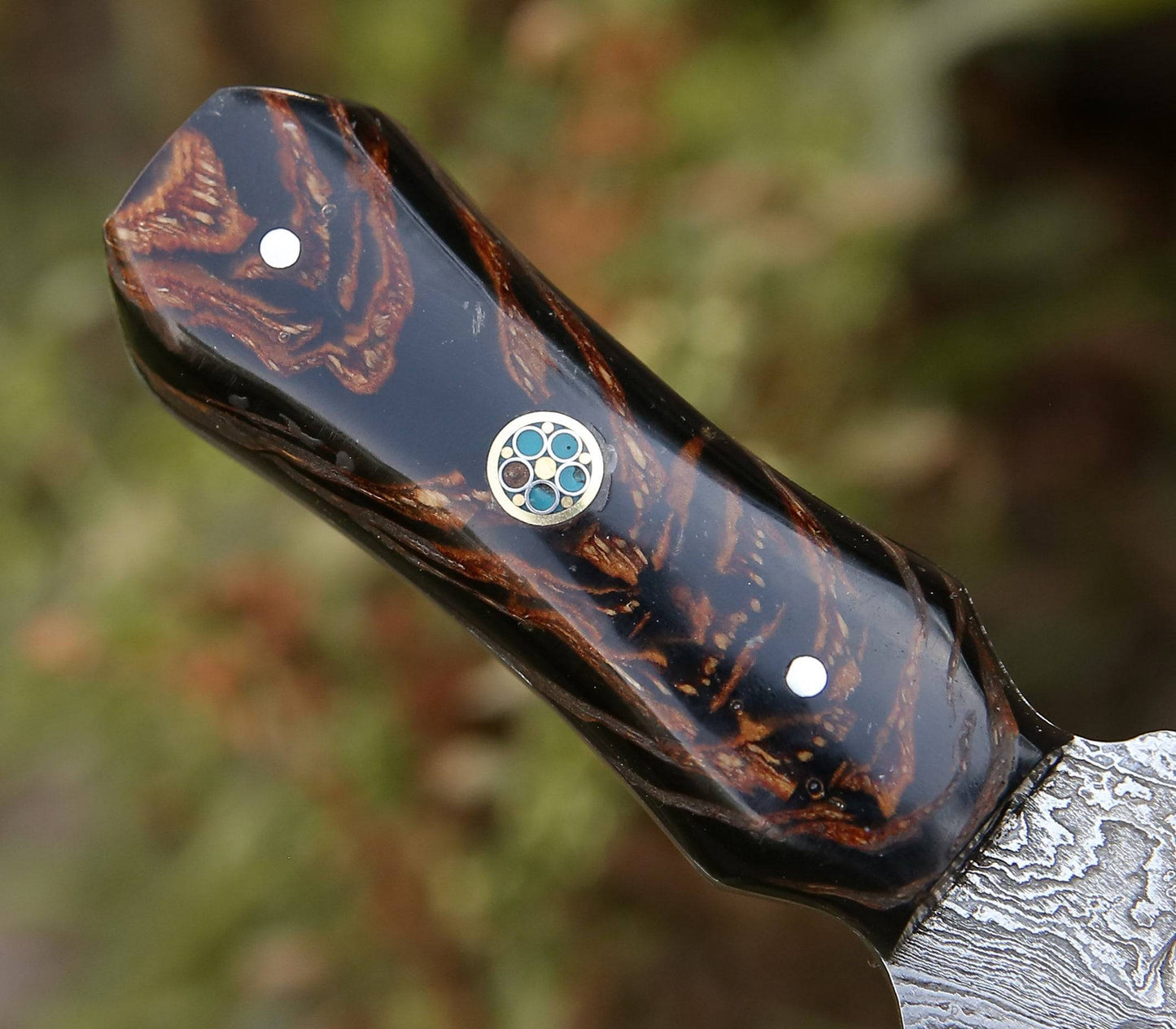 Ambush Damascus Fixed Blade Pocket Knife 6" with Pine Cone Handle & Leather Sheath