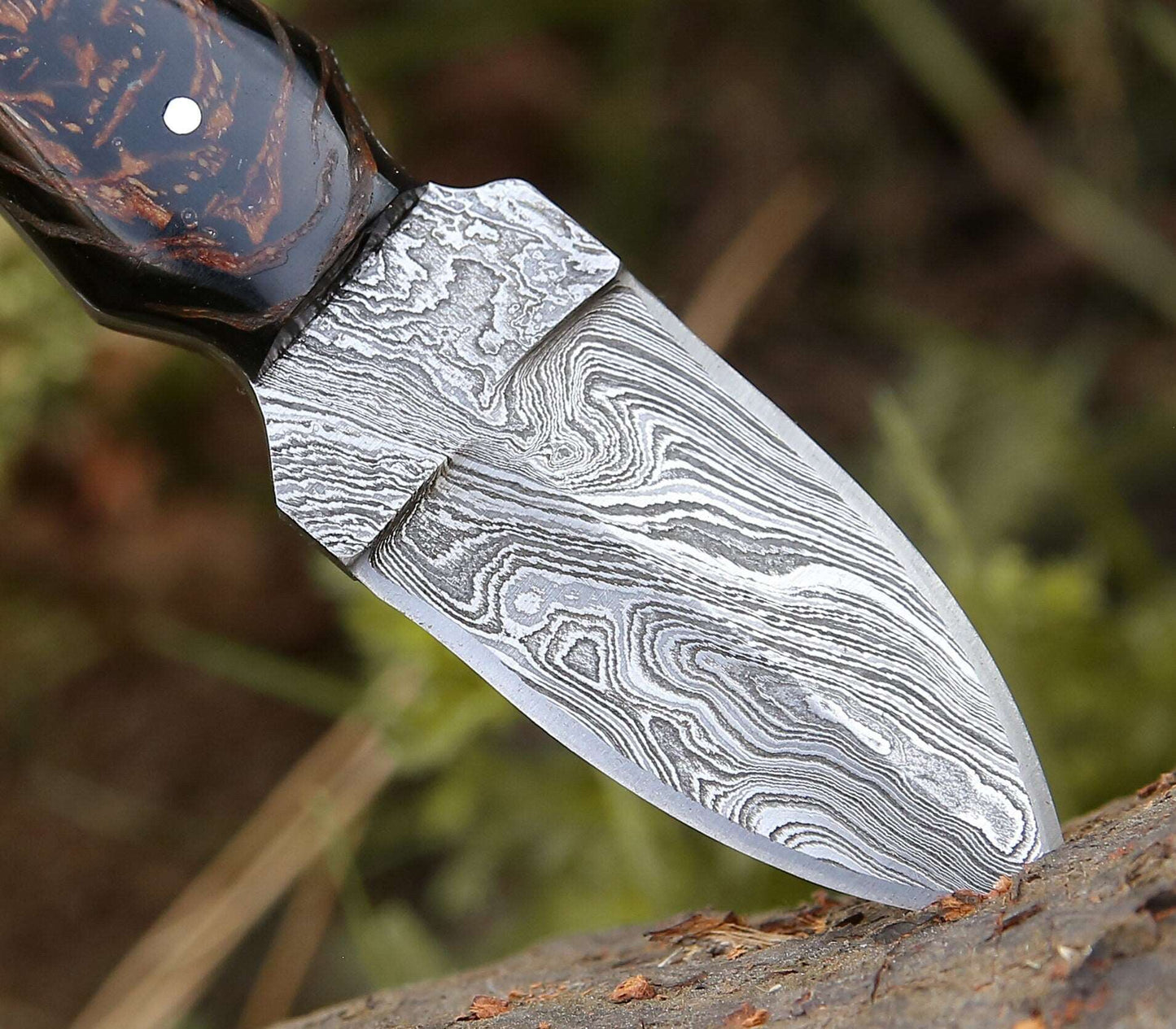 Ambush Damascus Fixed Blade Pocket Knife 6" with Pine Cone Handle & Leather Sheath