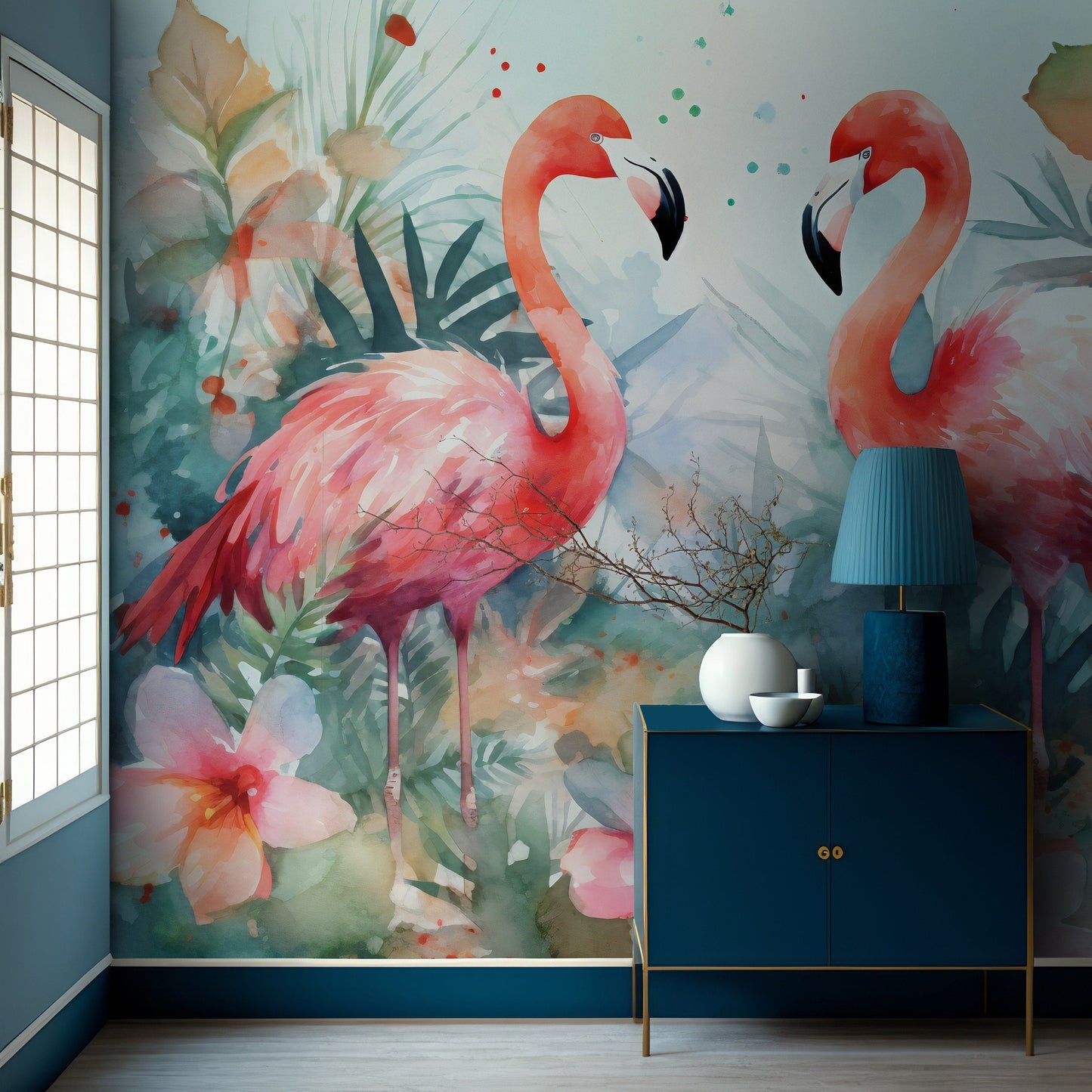Watercolor Tropical Flamingo Mural