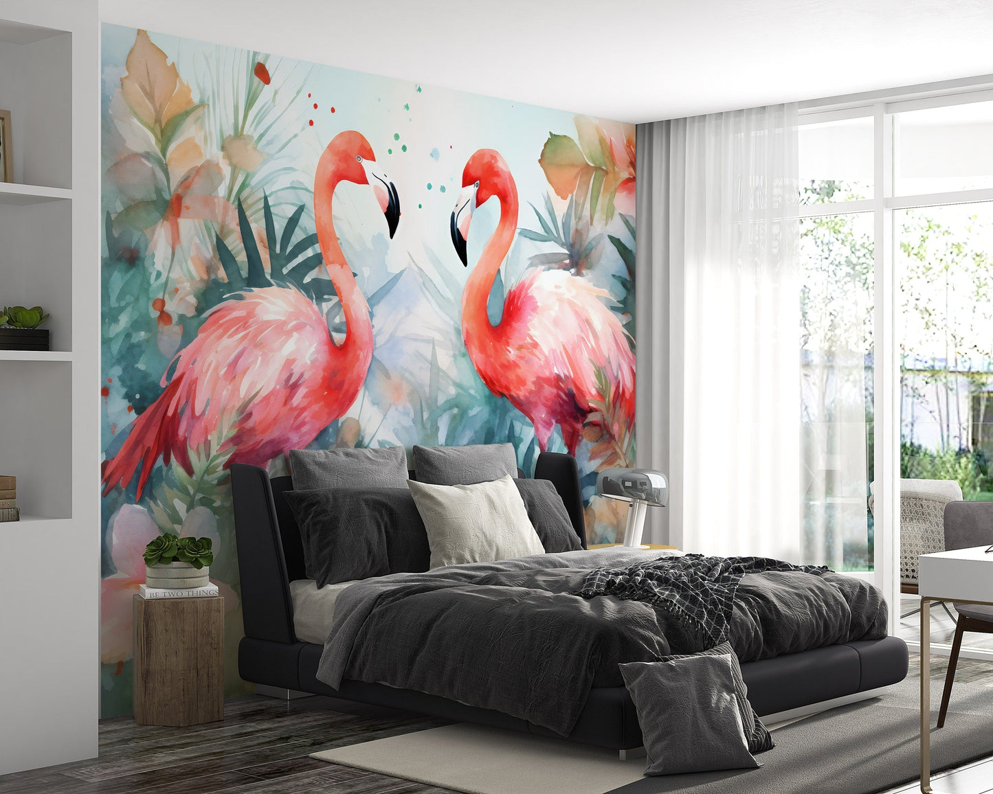 Watercolor Tropical Flamingo Mural