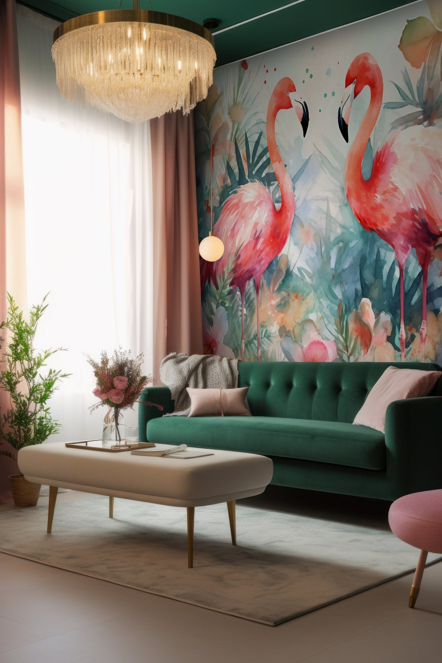 Watercolor Tropical Flamingo Mural