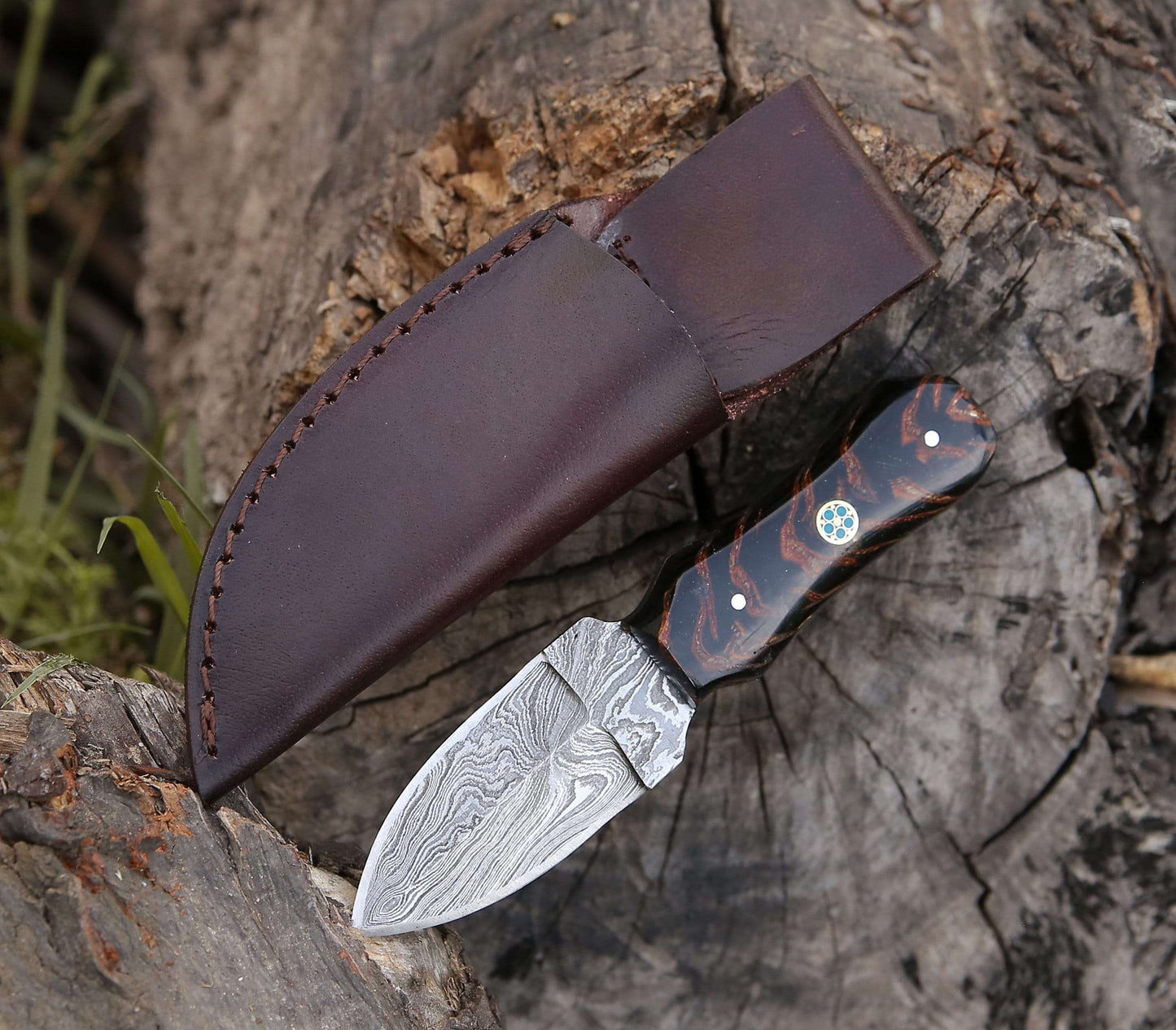Ambush Damascus Fixed Blade Pocket Knife 6" with Pine Cone Handle & Leather Sheath