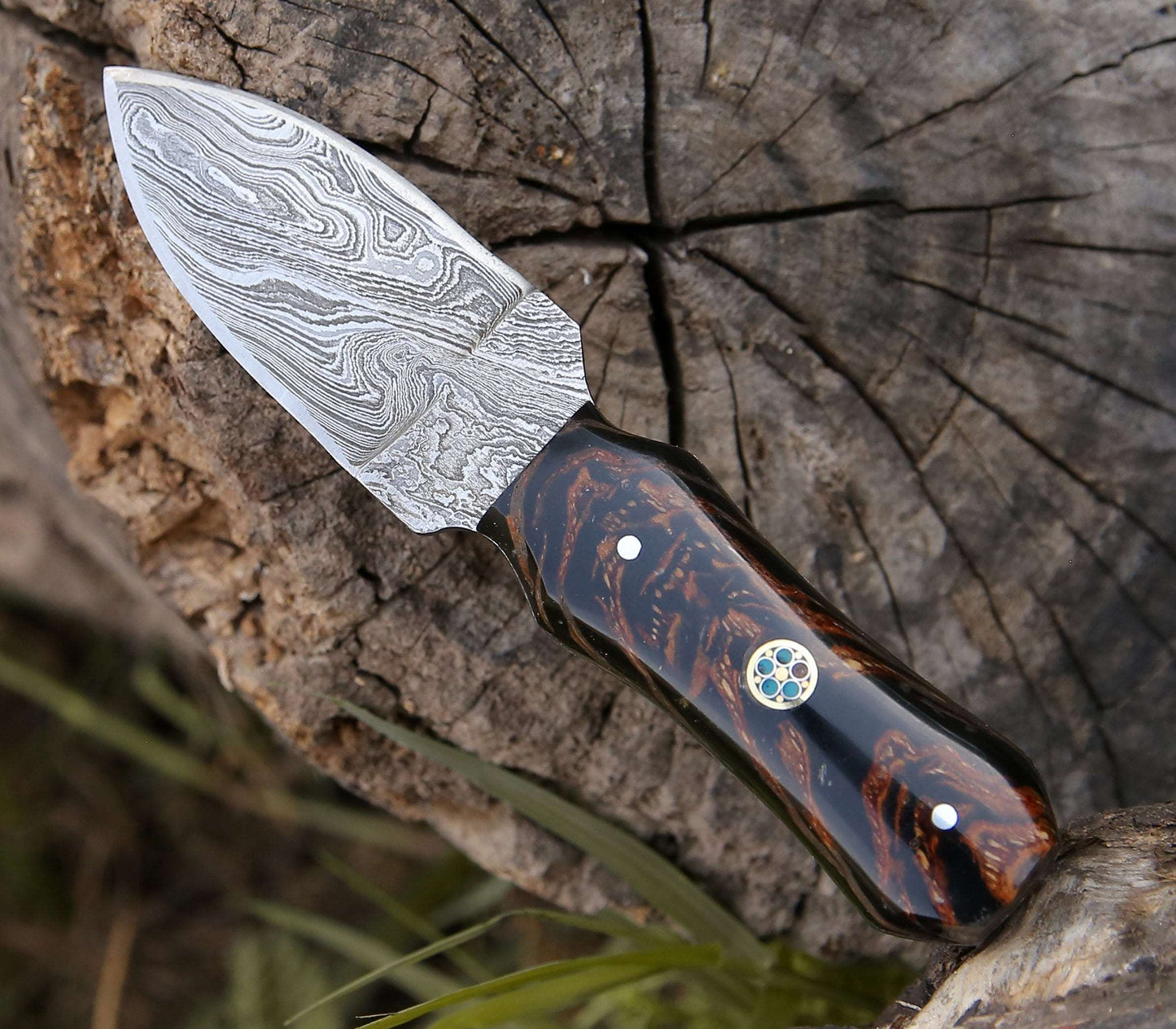Ambush Damascus Fixed Blade Pocket Knife 6" with Pine Cone Handle & Leather Sheath