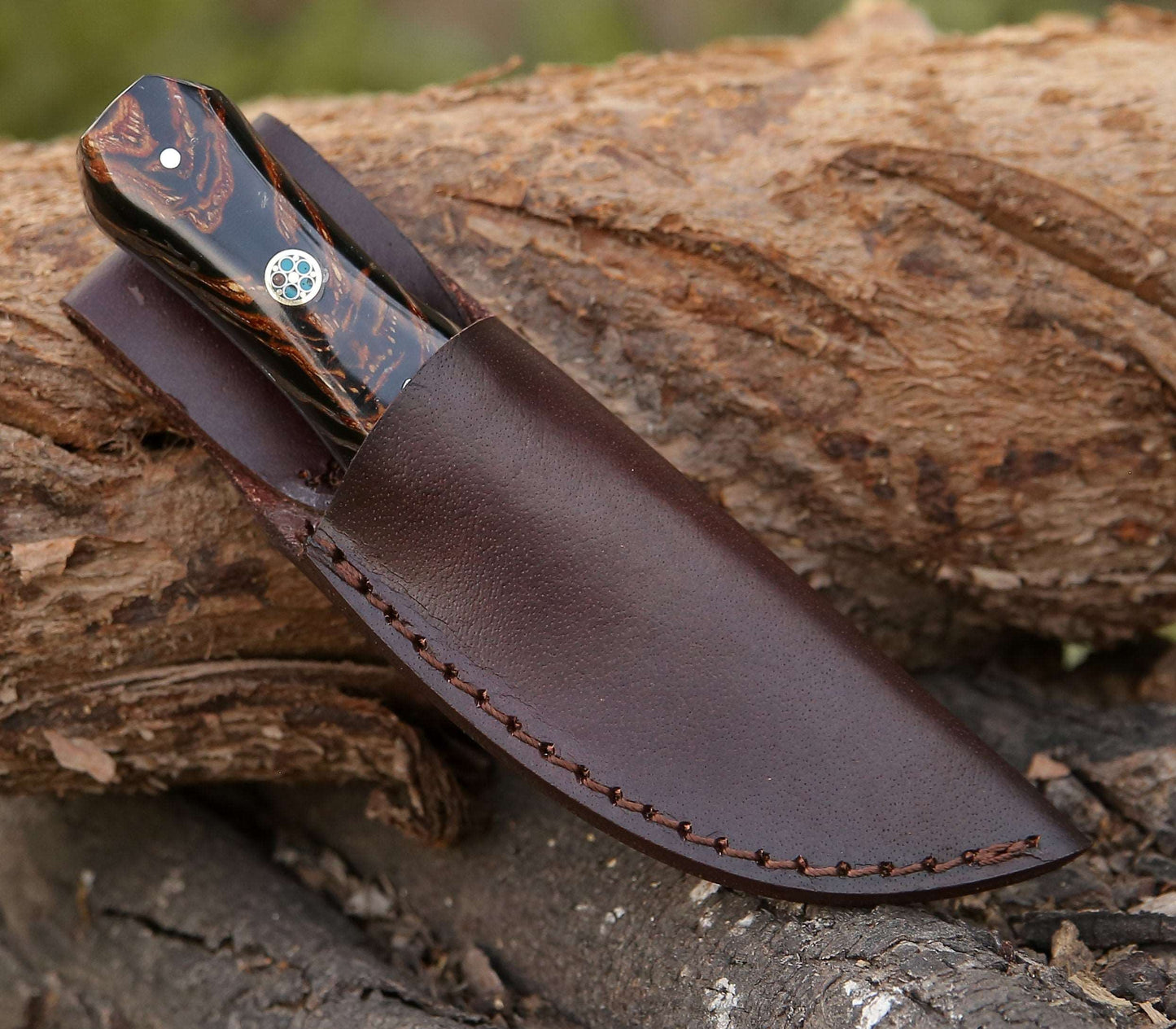 Ambush Damascus Fixed Blade Pocket Knife 6" with Pine Cone Handle & Leather Sheath
