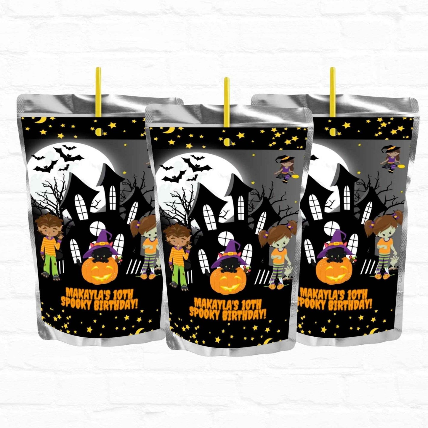 Spooky Halloween Birthday Party Favor Personalized Juice Pouch Labels | Printable File