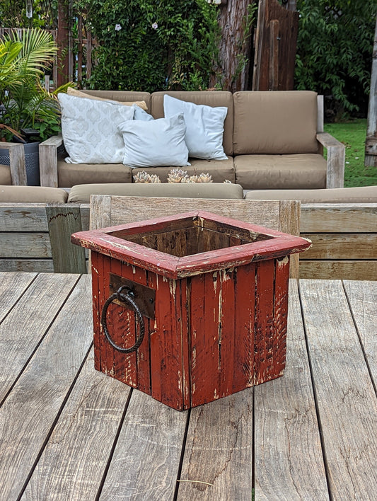 Rustic Wooden Box Planter in Red for Outdoor Garden Decor or Porch or Patio Decor, Handmade in Mexico, 11.75" Diameter, 6 lbs
