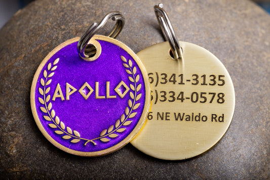 Engraved Greek Laurel Pet ID Tag - Cat or Dog Royal Purple and Gold Name Tag - Greek God Pet ID Tag