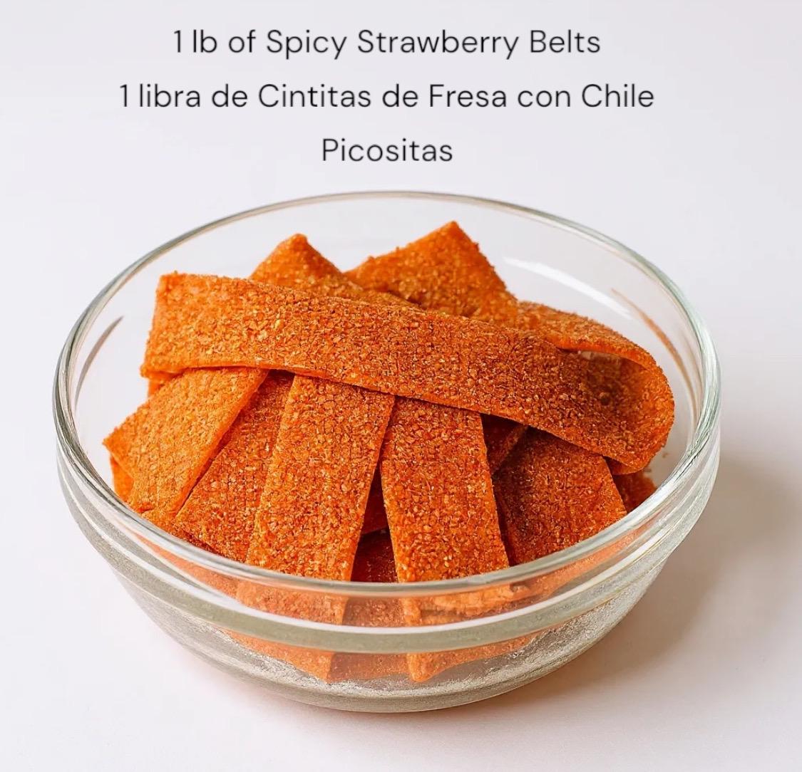 1 lb Mexican Strawberry Spicy Belts 1 Libra De Cintitas de Fresa con Chile Picosositas Mexicanos Saladitos