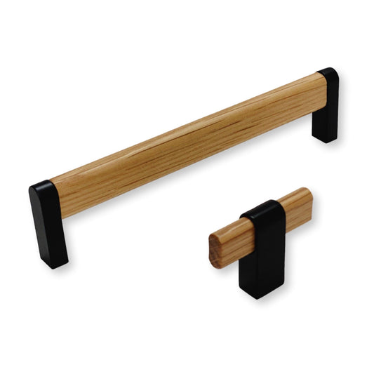 Black and Oak Wood "Crossing" Cabinet Knob and Drawer Handles