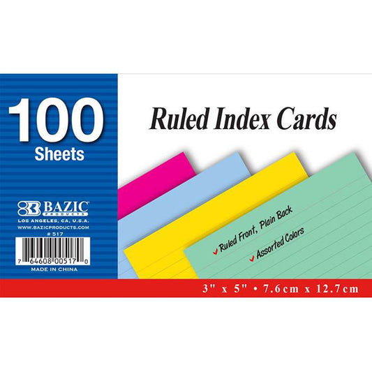 100 Count Ruled 3"x5" Index Cards (Blue, Pink, Green and Yellow)