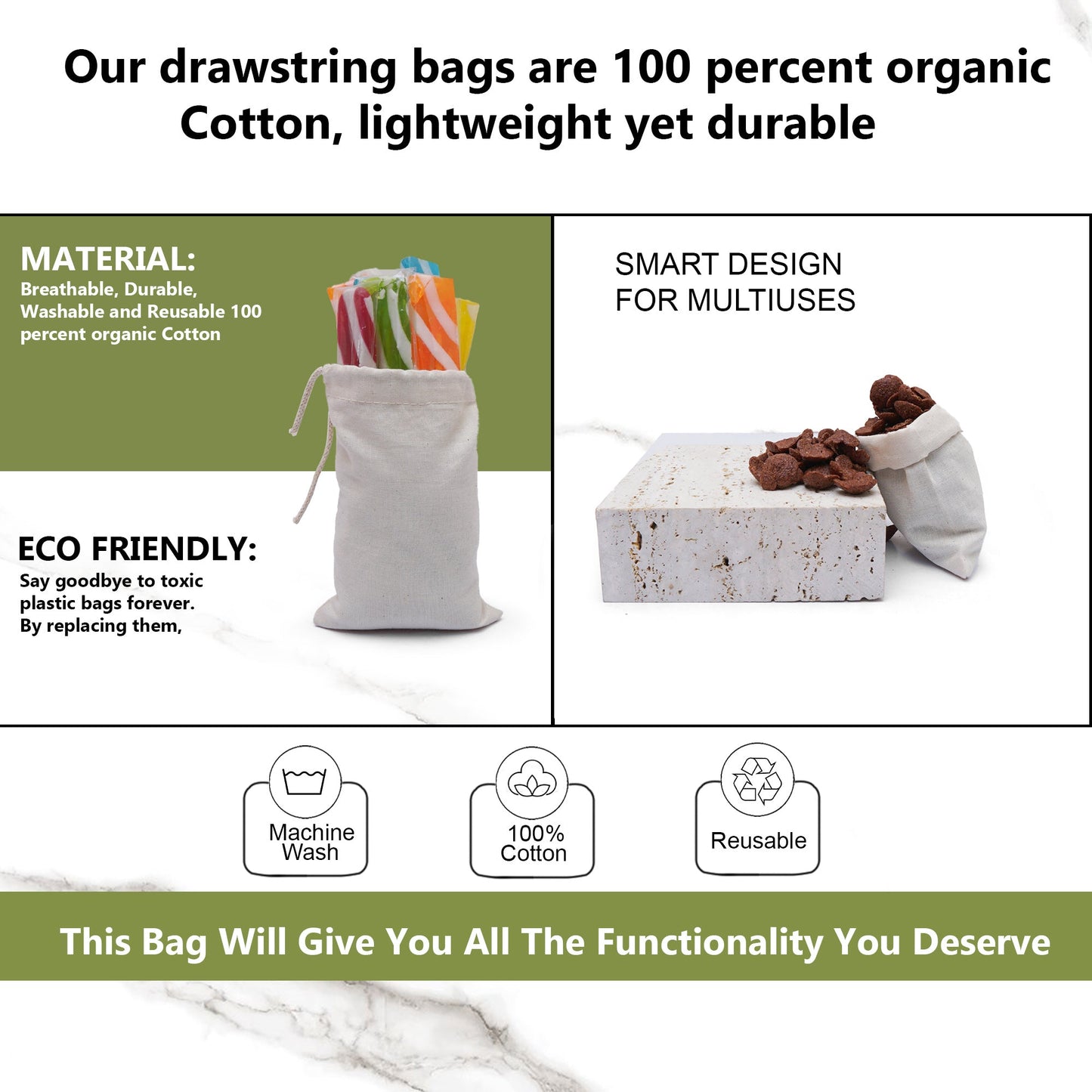 12x20 Inches Reusable Eco-Friendly Cotton Single Drawstring Bags Natural Color
