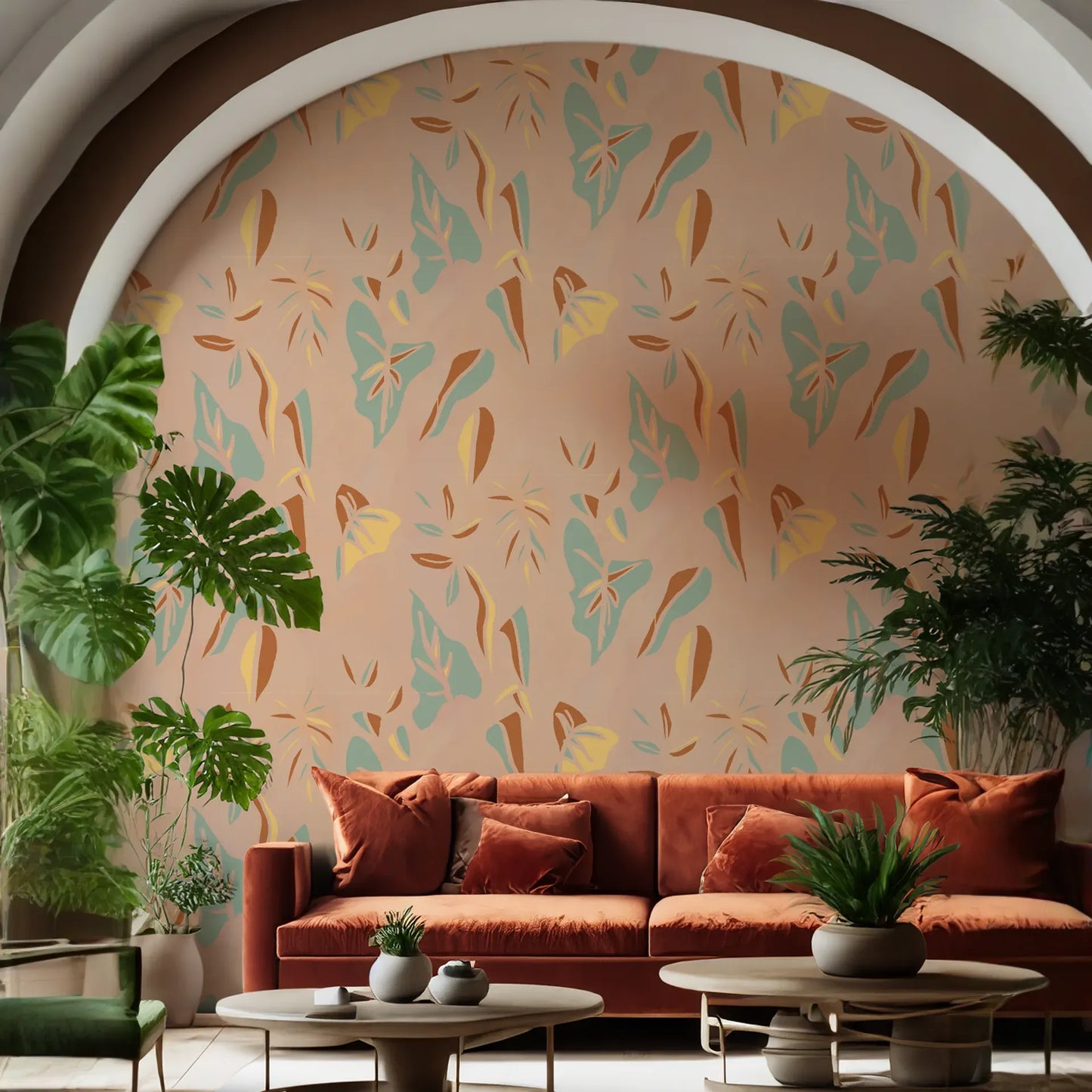 Block Print Foliage Wallpaper, peach and mint