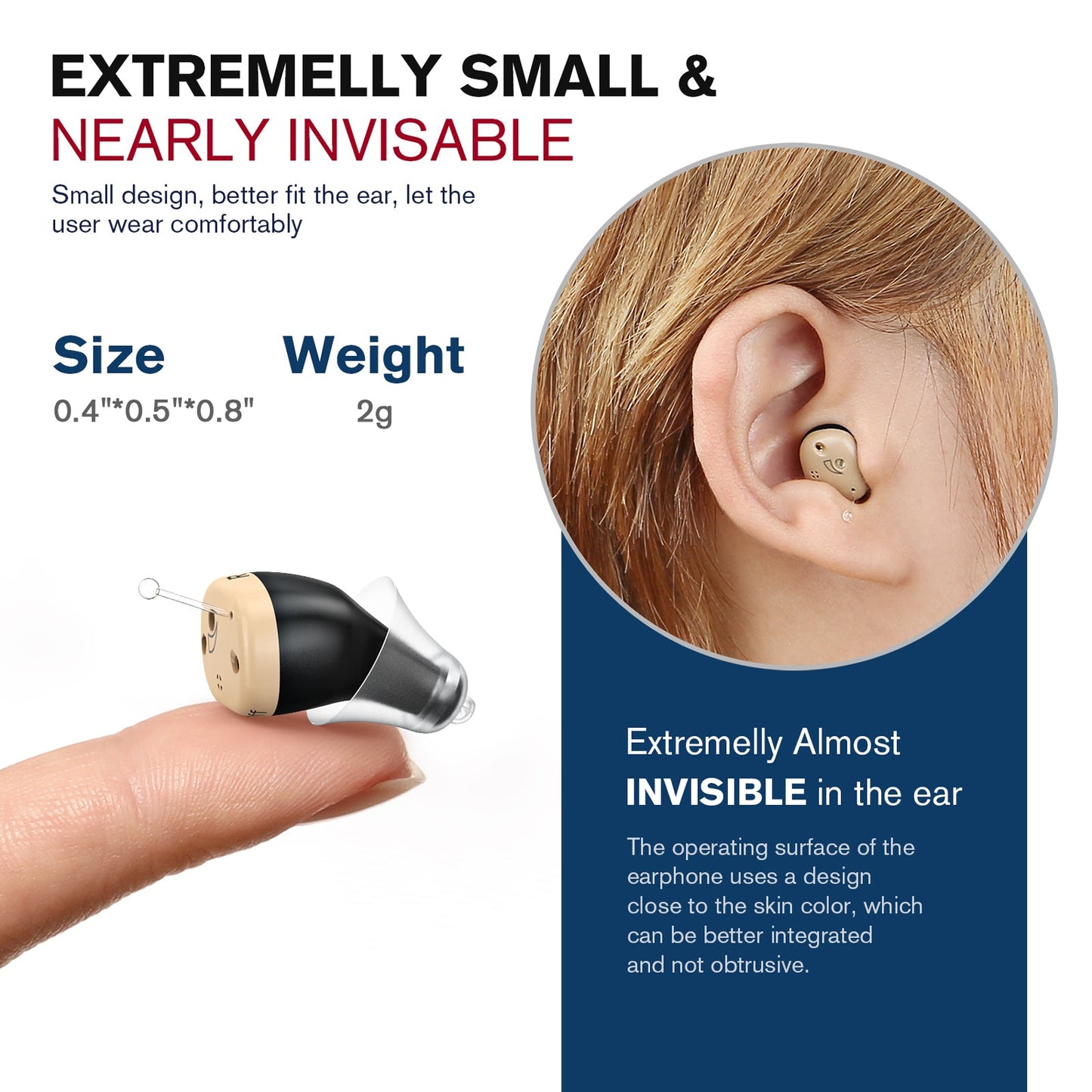 K18R Rechargeable OTC CIC Hearing Aids, Black Pair