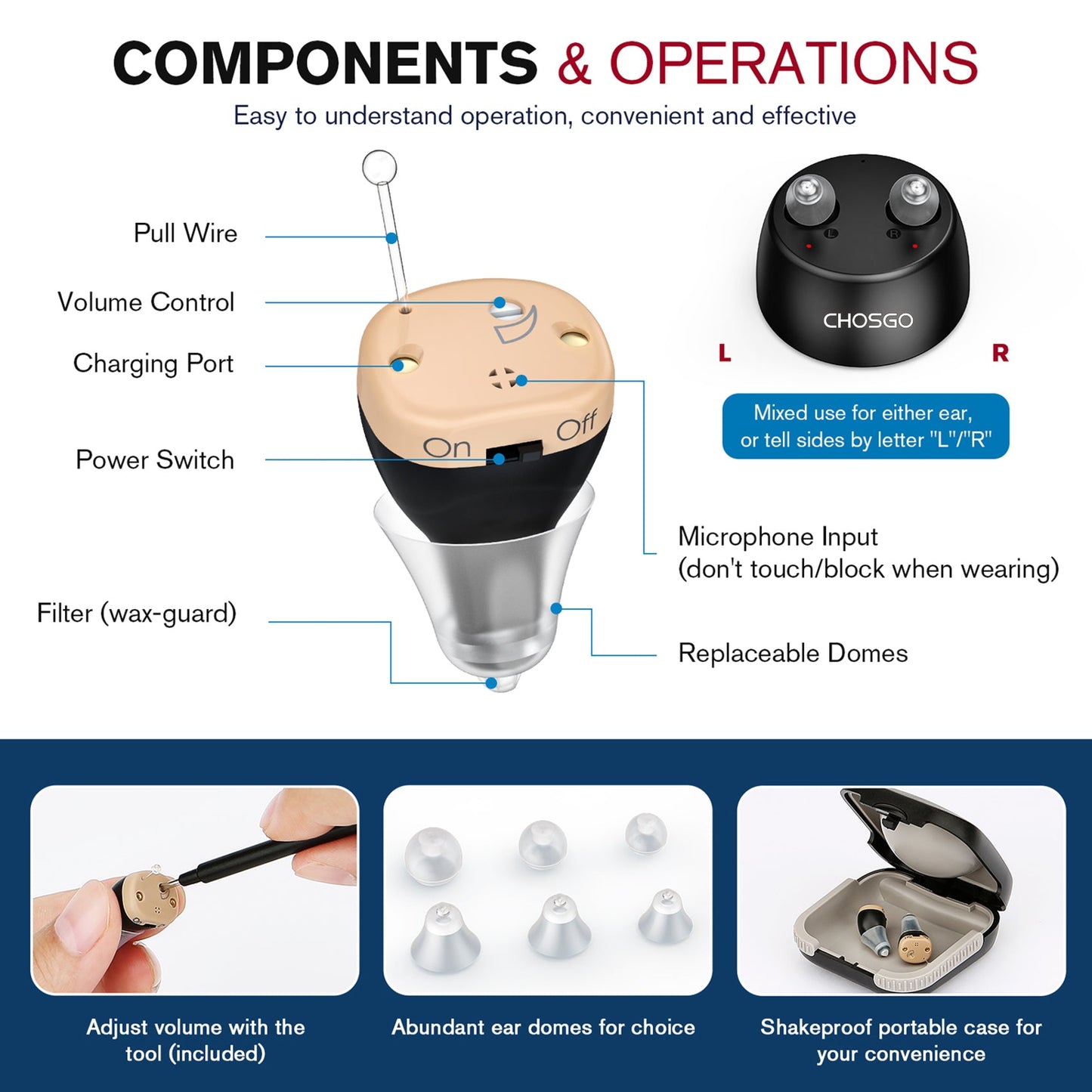 K18R Rechargeable OTC CIC Hearing Aids, Black Pair