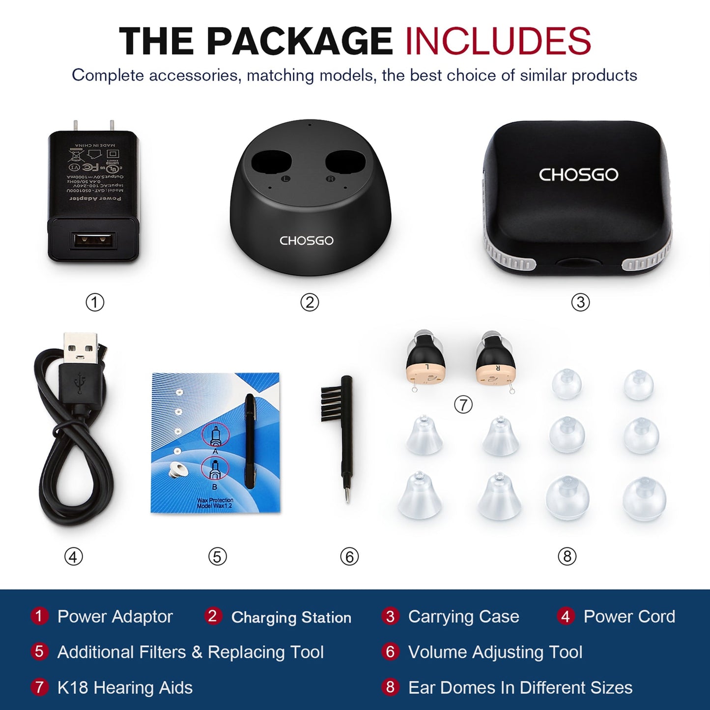 K18R Rechargeable OTC CIC Hearing Aids, Black Pair