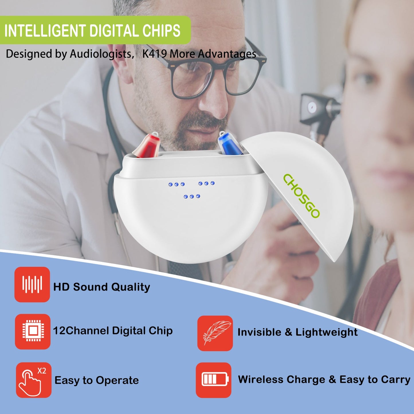 K419R CIC Digital Hearing Aids, blue&red pair