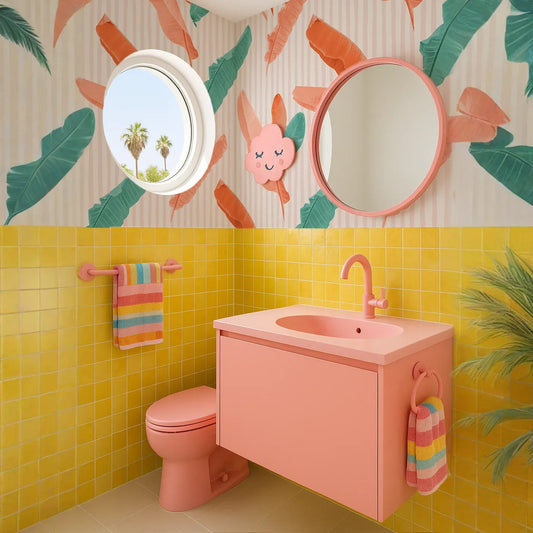 Banana Cabana Wallpaper, coral and teal