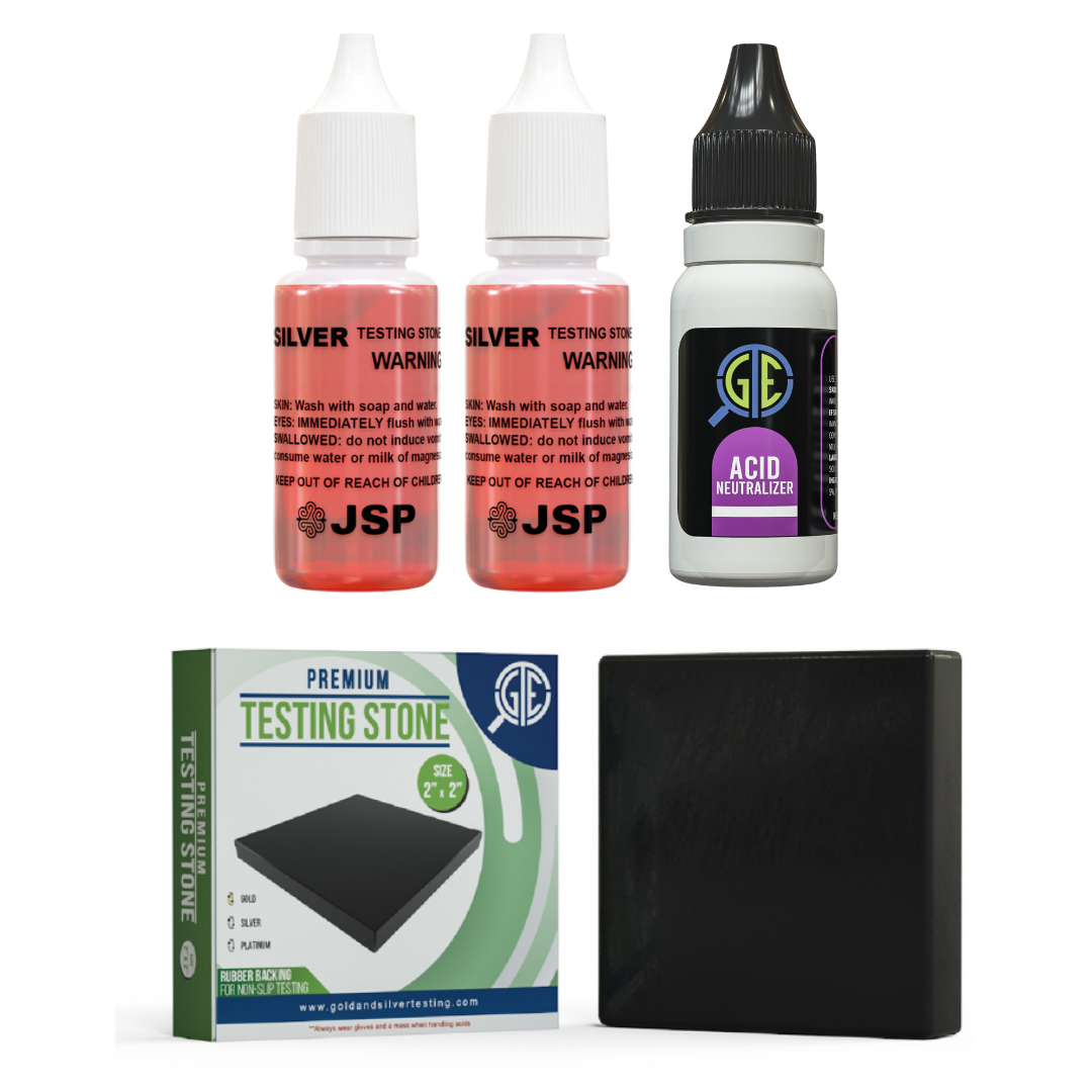 2 JSP Silver Test Acid Jewelry Testing Sterling Solution w/ Neutralizer & GTE Stone