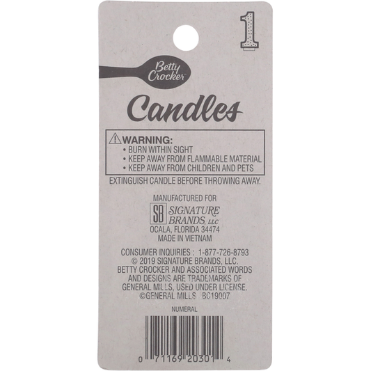 Betty Crocker Birthday Candle, Numeral 1, 3 Inch