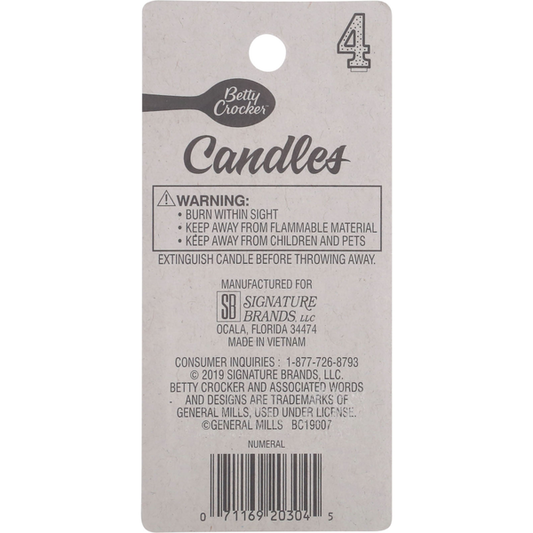 Betty Crocker Birthday Candle, Numeral 4, 3 Inch