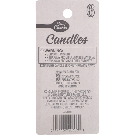 Betty Crocker Birthday Candle, Numeral 6, 3 Inch