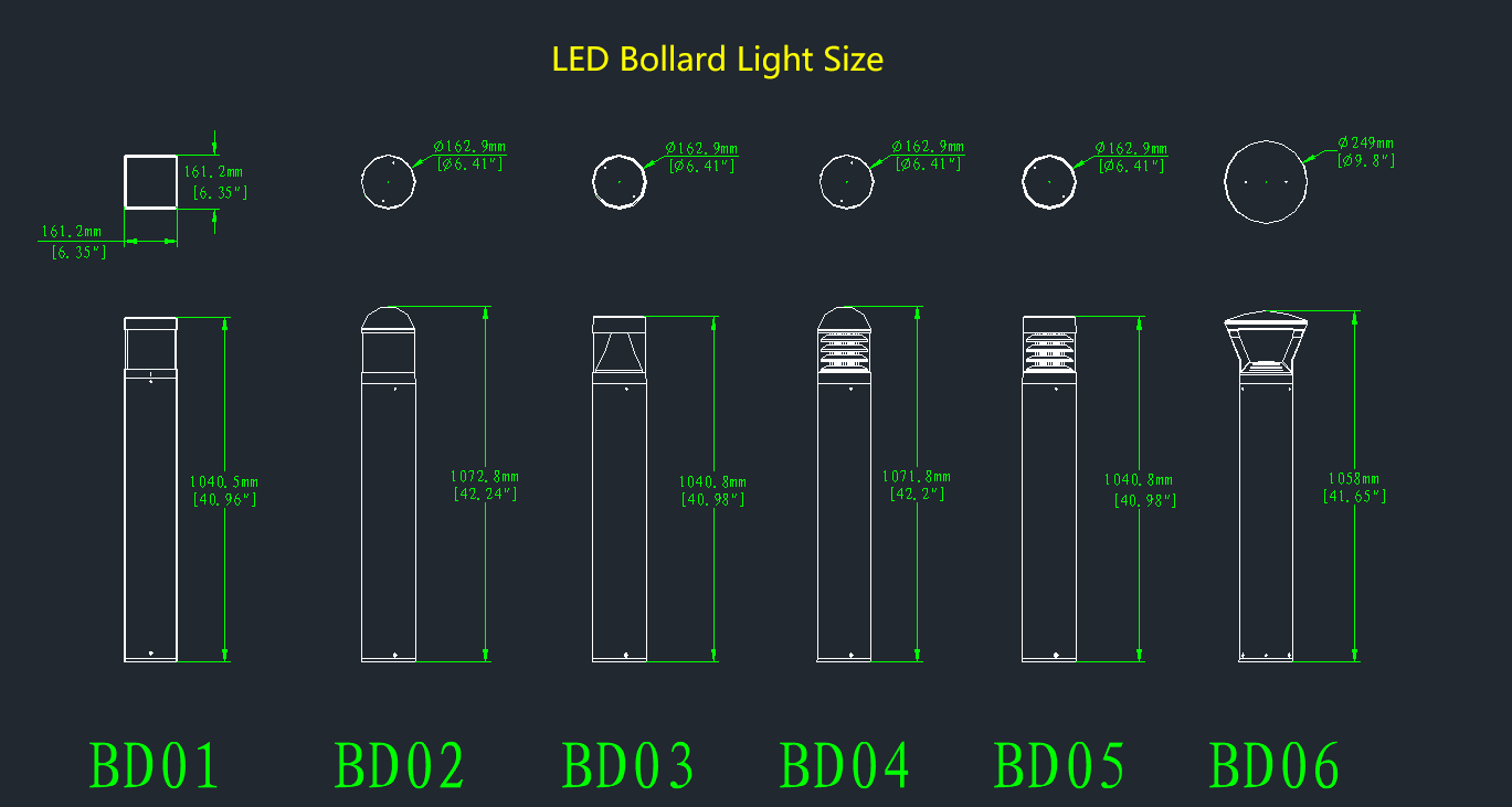 Outdoor Commercial LED Path Bollard Light Watt Tunable 14W/19W/24W Color Tunable 3000K 4000K 5000K 120-277V Dimmable