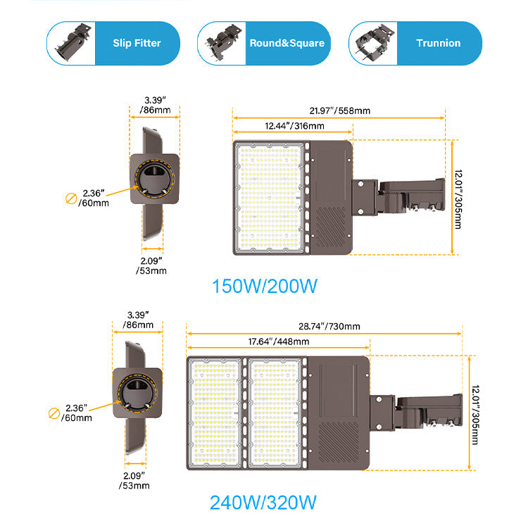 LED Parking Lot Light With Built-in Photocell 90W 120W 150W 200W 240W 320W Tunable 5000K 100-277V IP65 Outdoor LED Shoebox Pole Lights