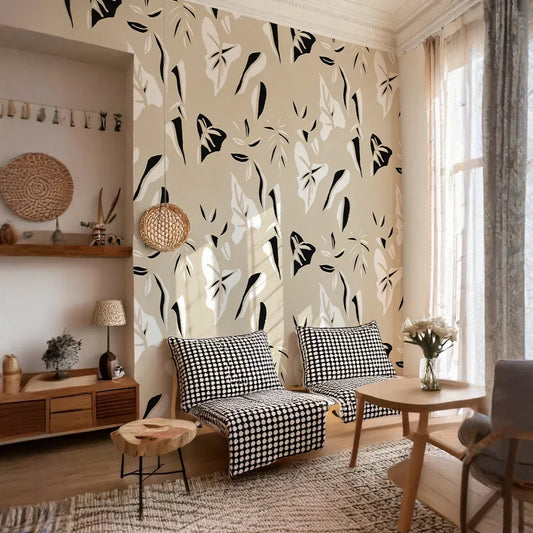 Block Print Foliage Wallpaper, tan and black