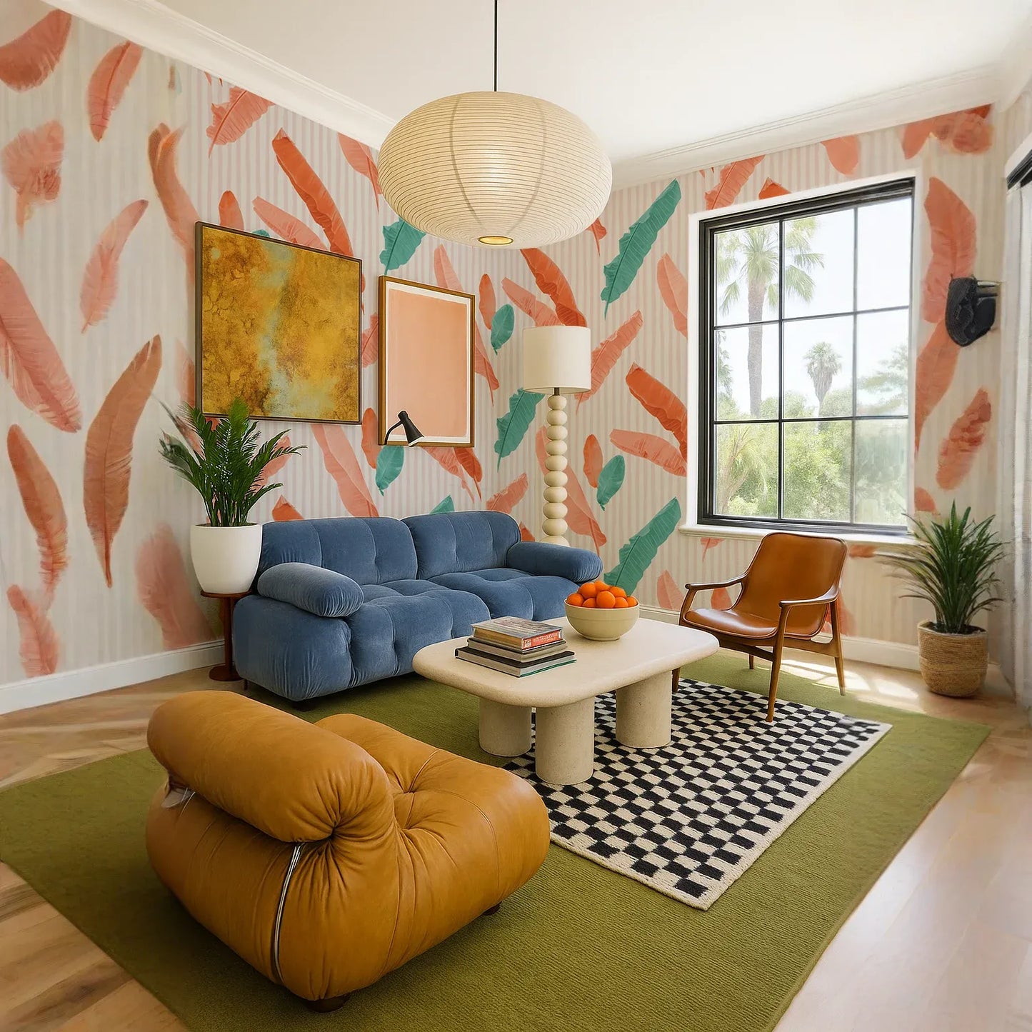 Banana Cabana Wallpaper, coral and teal