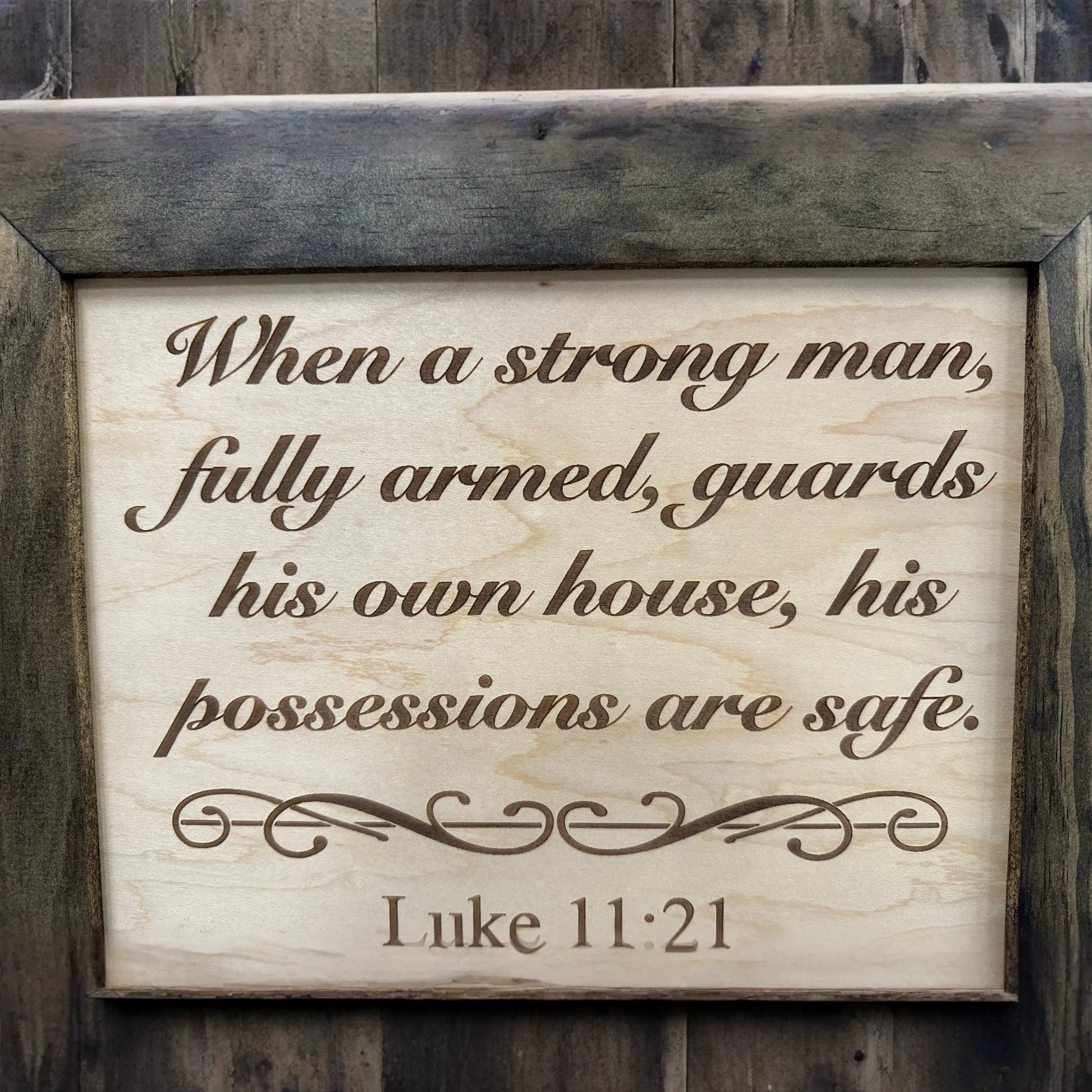Hidden Gun Safe Recessed In Wall With Luke 11:21 Bible Verse Decoration - Recess In The Wall or Mount On The Wall by Bellewood Designs