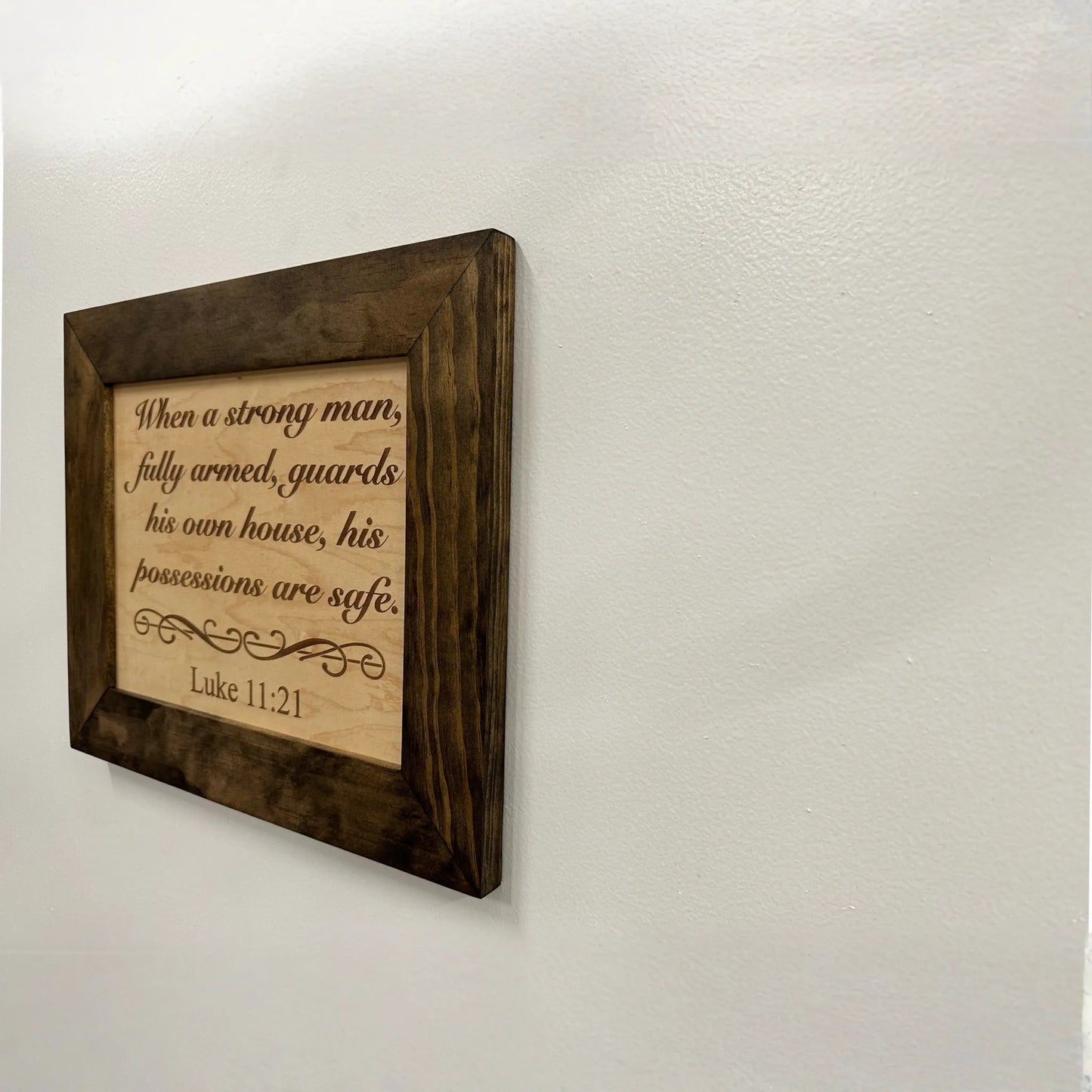 Hidden Gun Safe Recessed In Wall With Luke 11:21 Bible Verse Decoration - Recess In The Wall or Mount On The Wall by Bellewood Designs