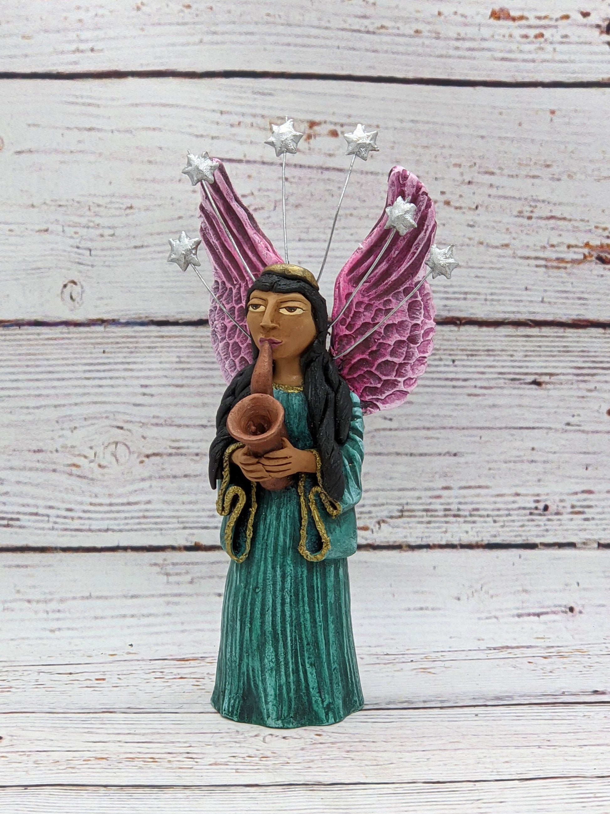 Christmas Decorations, Angel with Saxophone, Christmas Angel Home Decor, Handmade Angel Art from Oaxaca Mexico, Original Sculpture - LUV2BRD - Little Red General Store