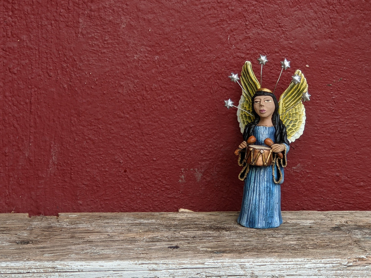 Angel with Drums, Angel Home Decor, Handmade Angel Art from Oaxaca Mexico, Original Sculpture, Christmas Decoration - LUV2BRD - Little Red General Store