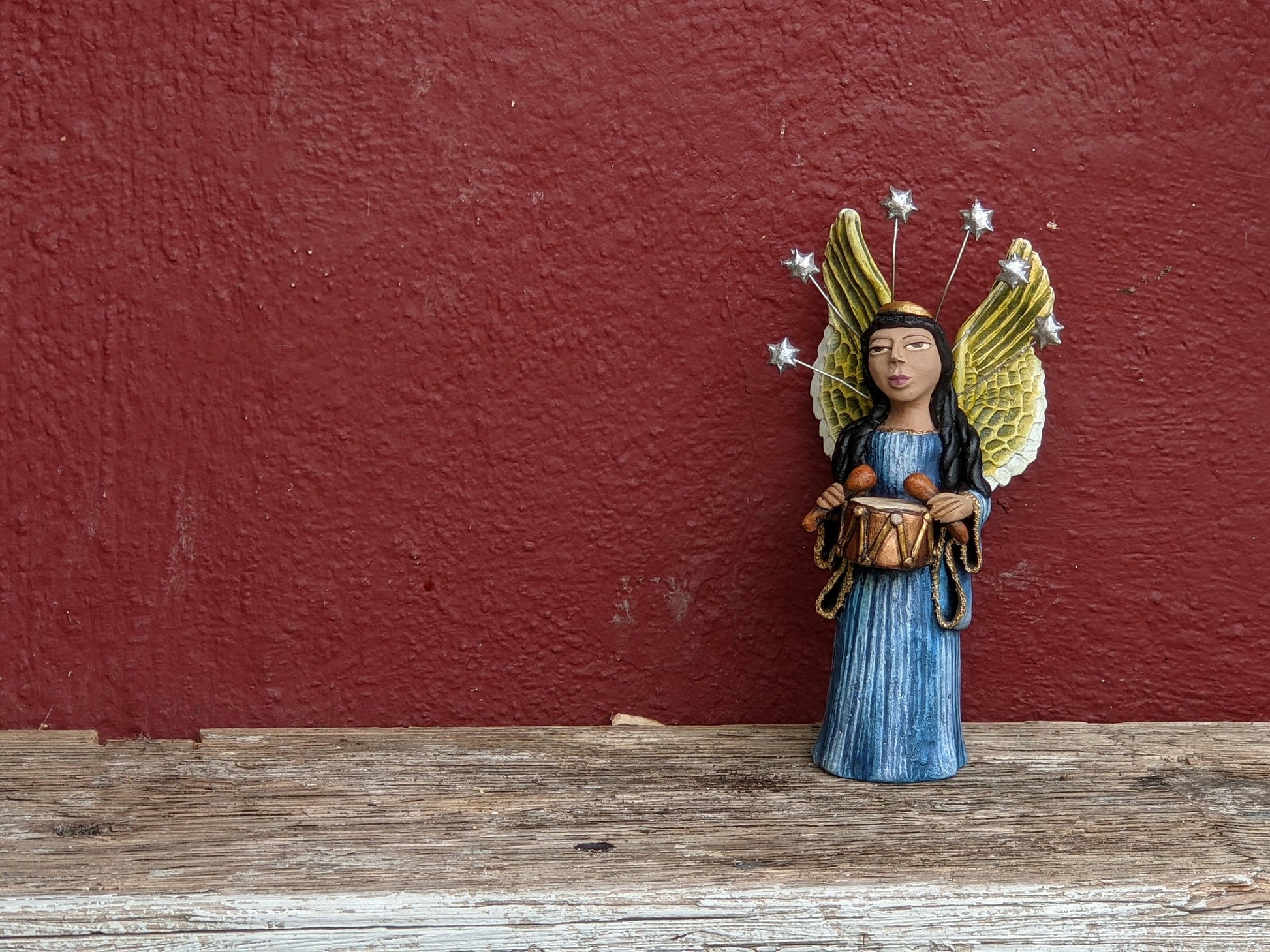 Angel with Drums, Angel Home Decor, Handmade Angel Art from Oaxaca Mexico, Original Sculpture, Christmas Decoration - LUV2BRD - Little Red General Store