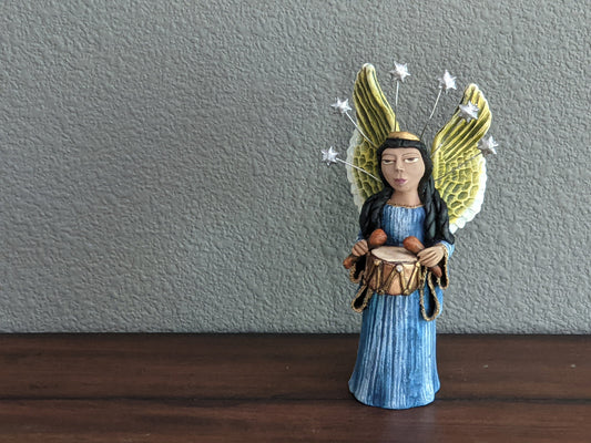 Angel with Drums, Angel Home Decor, Handmade Angel Art from Oaxaca Mexico, Original Sculpture, Christmas Decoration - LUV2BRD - Little Red General Store