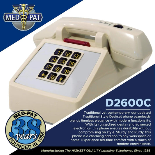 Med-Pat D2600C Retro Corded Desk Phone – Beige Analog Landline with Volume & Hearing Aid Support