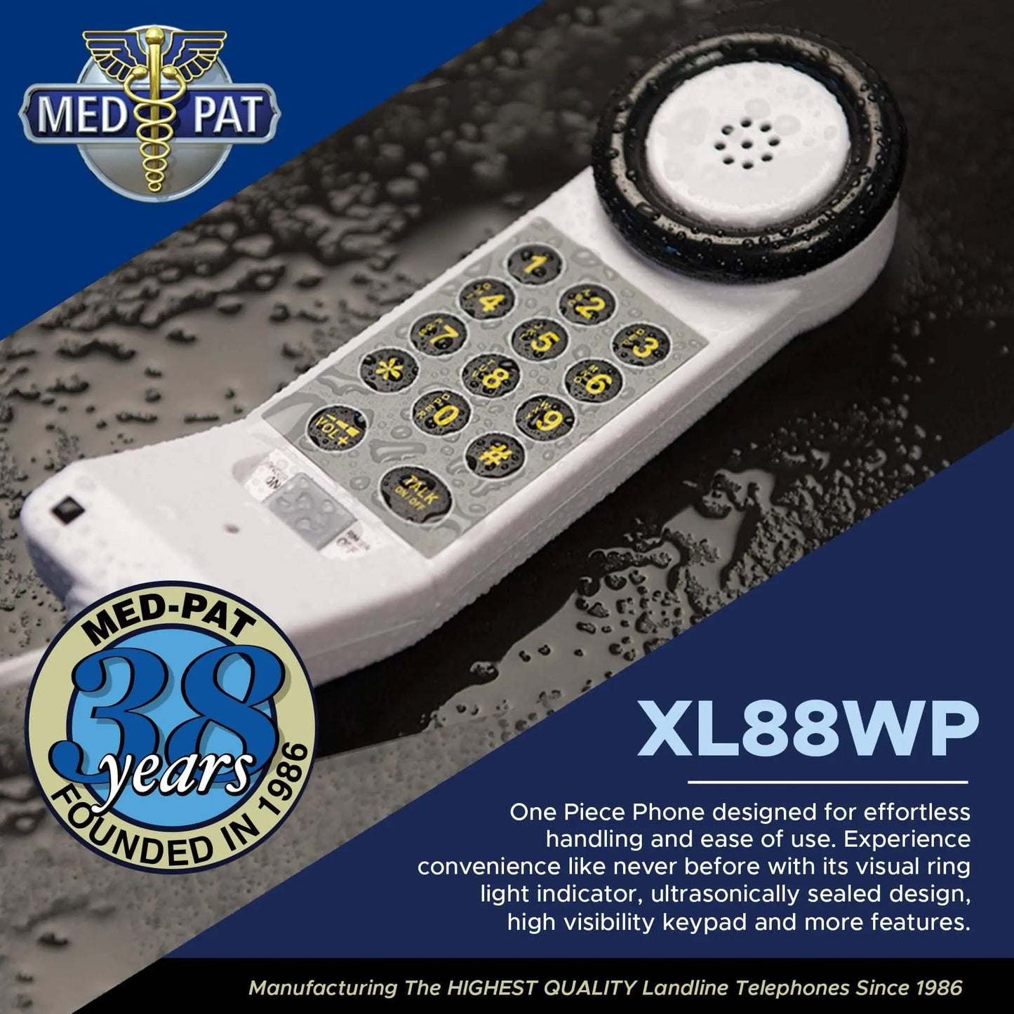 Med‑Pat XL88WP Waterproof One‑Piece Telephone – Visual Ring Light, Full‑Range Volume, High‑Visibility Keypad (White)